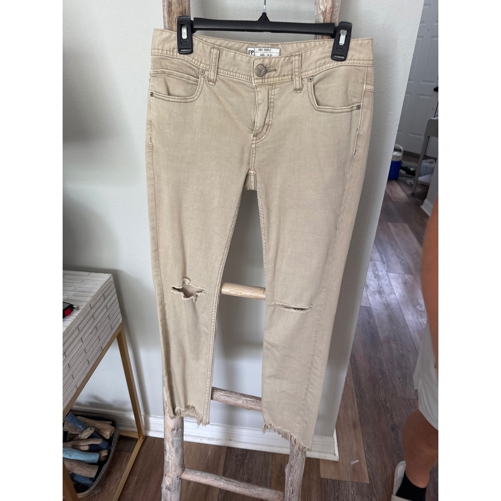 Free People Womens High Rise Busted Distressed Skinny Jeans Khaki Tan size 27 - Picture 9 of 9